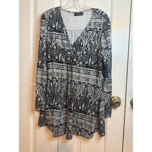 Amzplus Womens XXL Paisley V-Neck Long Sleeve Tunic Top Black White Boho Stretch